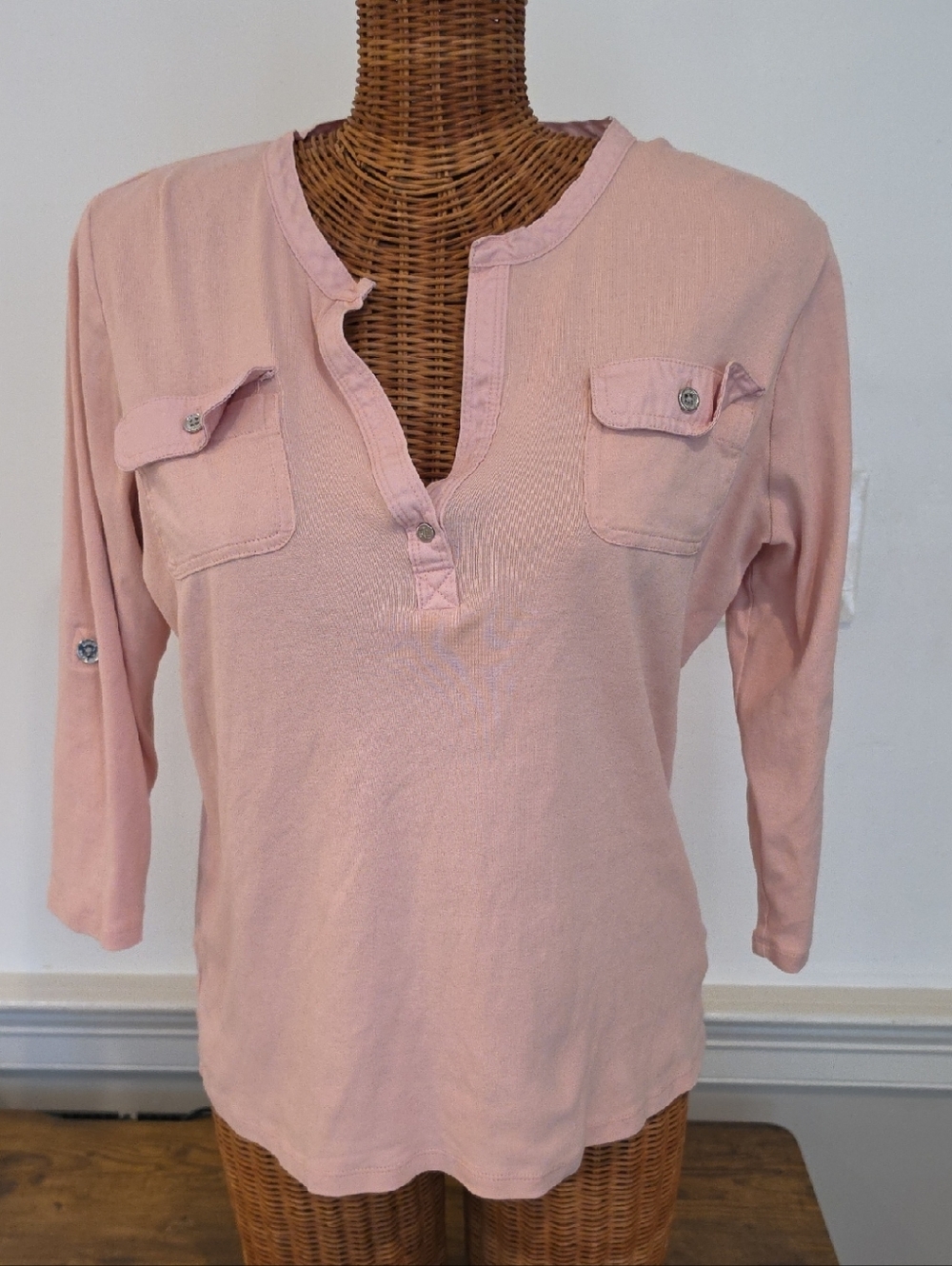 Lauren Ralph Lauren Pale Pink Three-Quarter Sleeve Henley Top